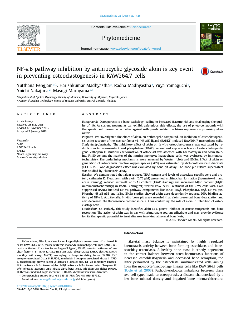 NF-κB pathway inhibition by anthrocyclic glycoside aloin is key event in preventing osteoclastogenesis in RAW264.7 cells