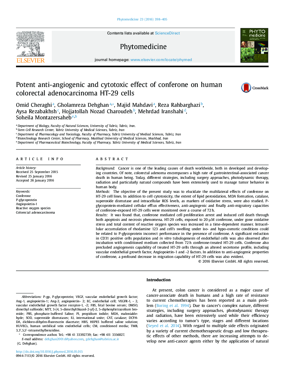 اثر آنتی رگ زایی و سیتوتوکسی قوی کانفرون بر سلولهای HT-29 آدنوکارسینوم روده بزرگ انسانی