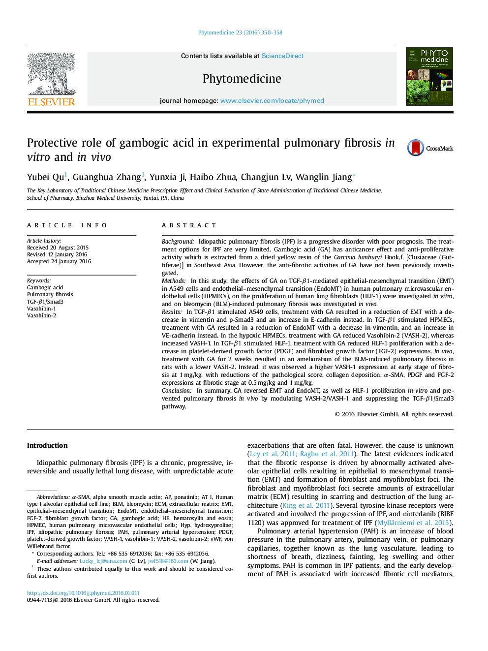 Protective role of gambogic acid in experimental pulmonary fibrosis in vitro and in vivo