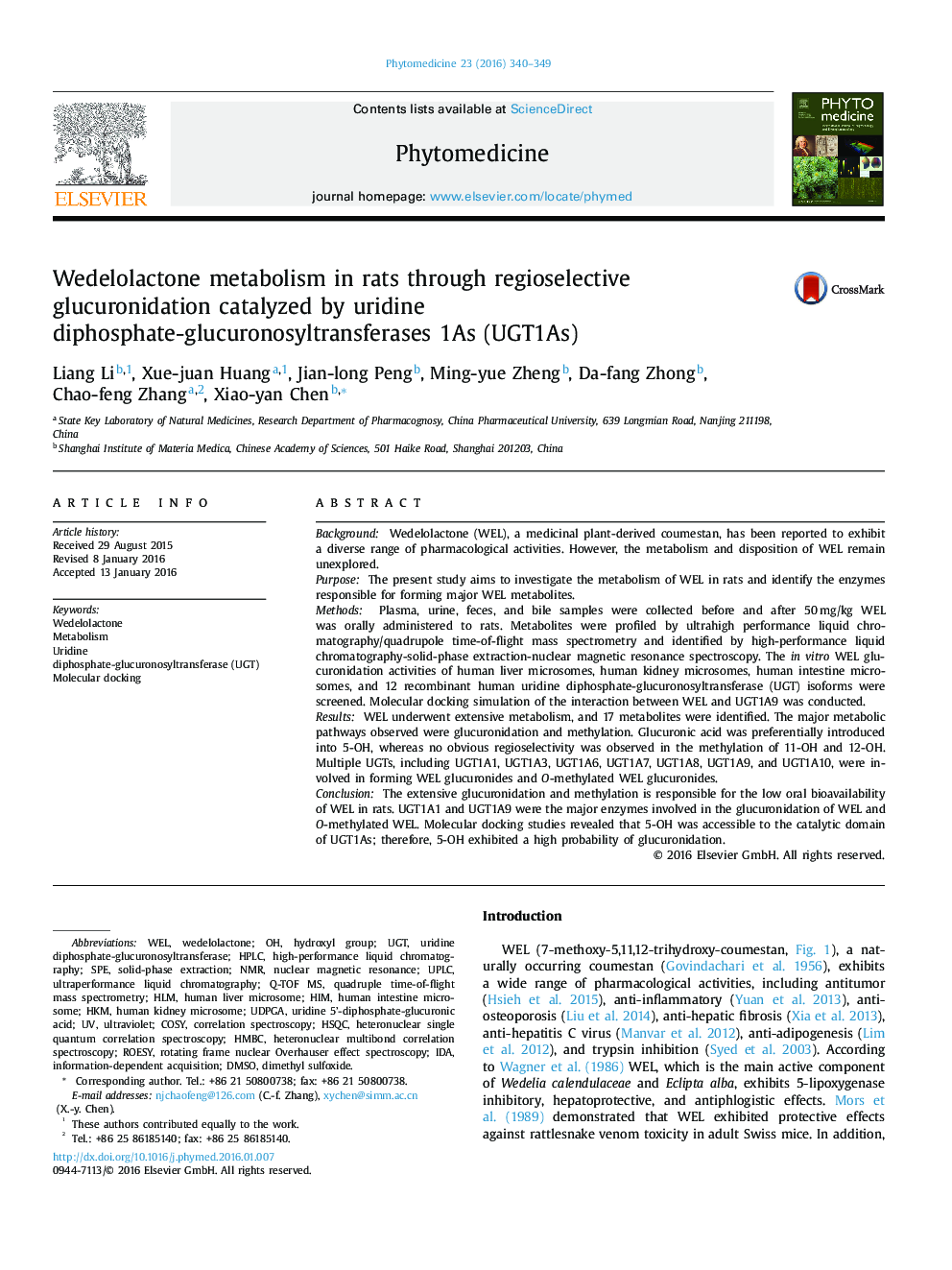 Wedelolactone metabolism in rats through regioselective glucuronidation catalyzed by uridine diphosphate-glucuronosyltransferases 1As (UGT1As)