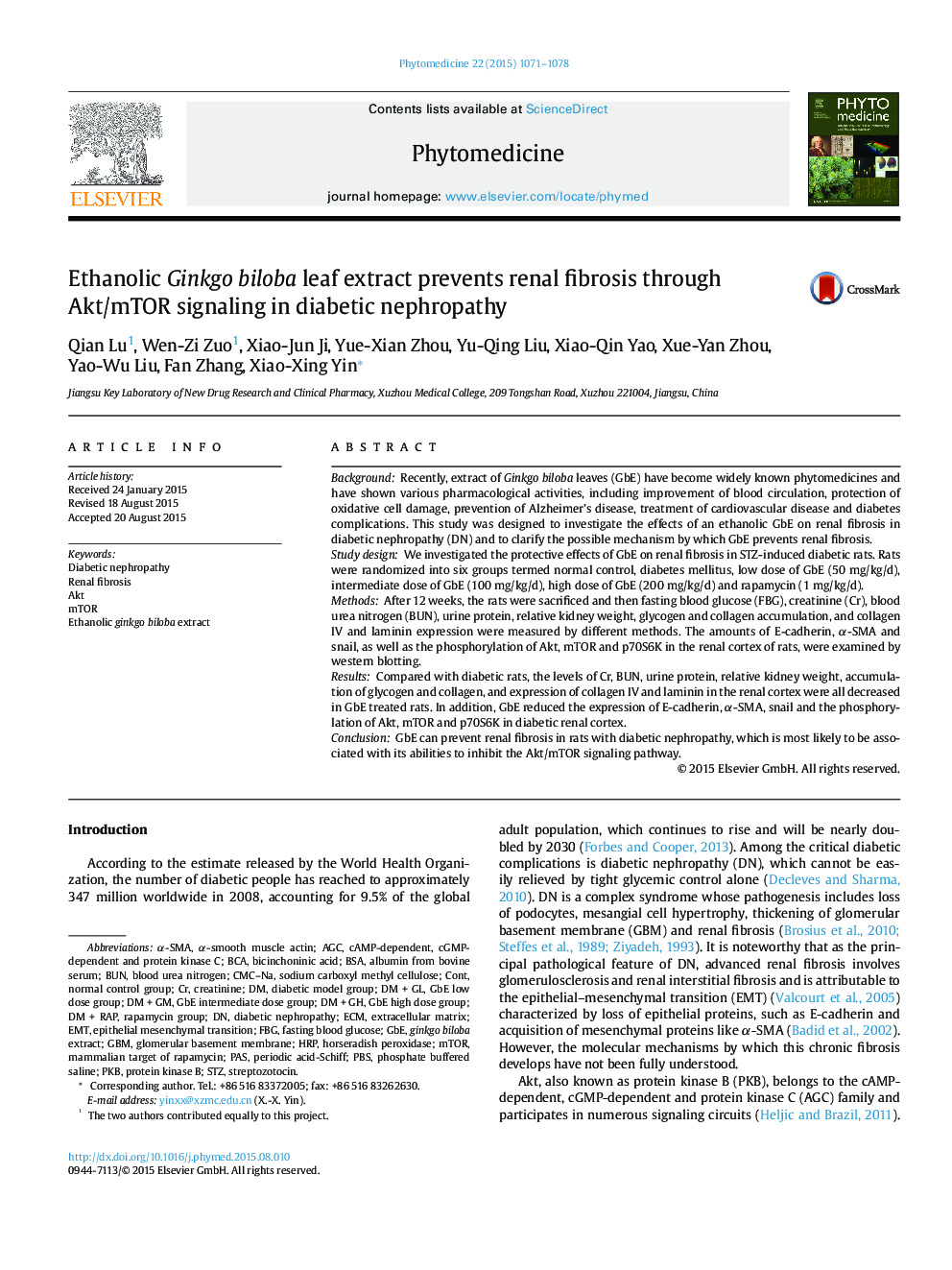 Ethanolic Ginkgo biloba leaf extract prevents renal fibrosis through Akt/mTOR signaling in diabetic nephropathy