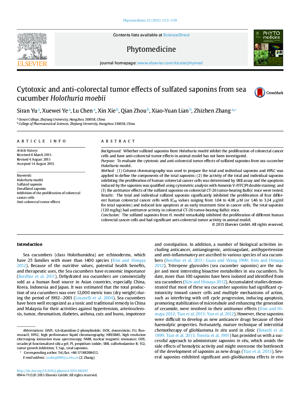 Cytotoxic and anti-colorectal tumor effects of sulfated saponins from sea cucumber Holothuria moebii