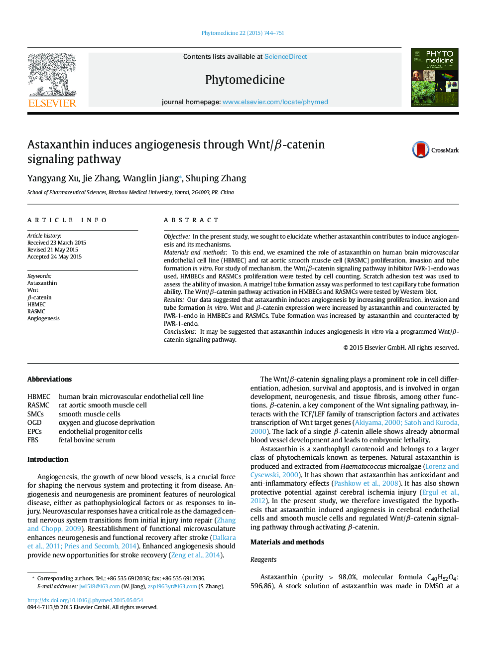 Astaxanthin induces angiogenesis through Wnt/β-catenin signaling pathway