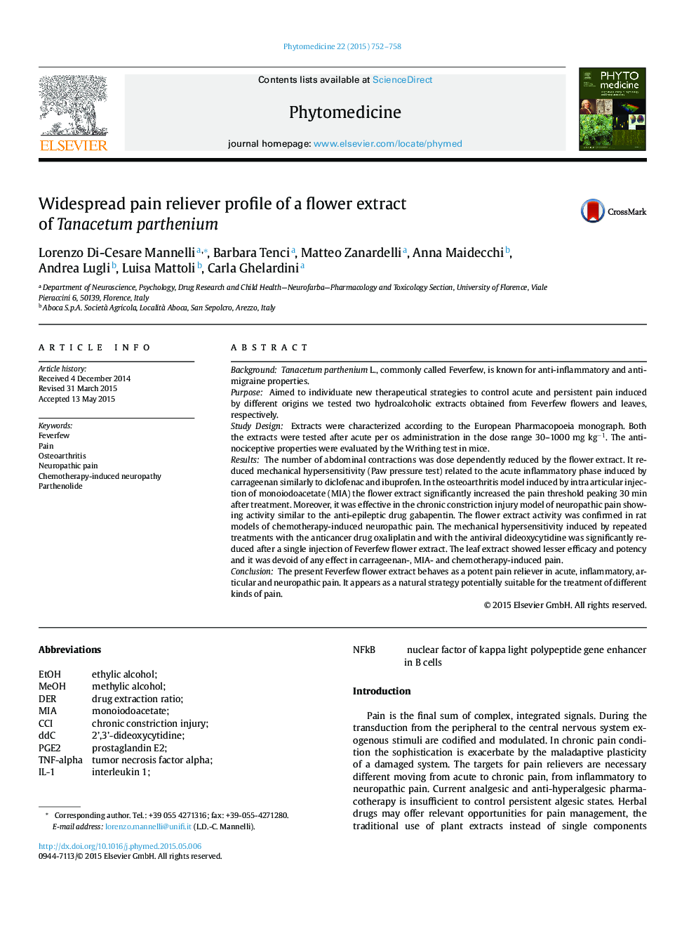 Widespread pain reliever profile of a flower extract of Tanacetum parthenium