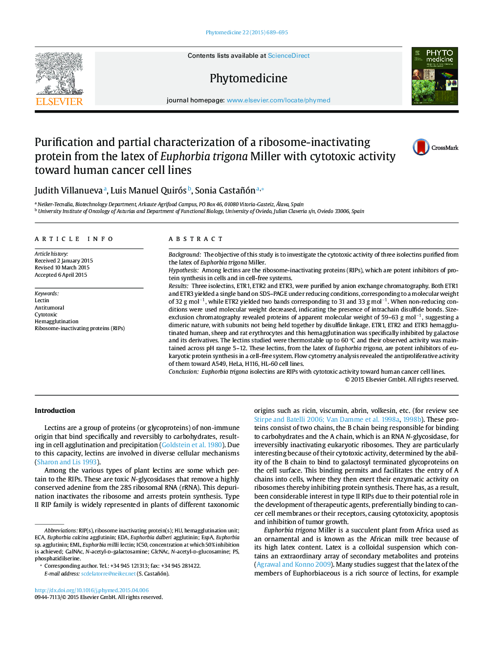 Purification and partial characterization of a ribosome-inactivating protein from the latex of Euphorbia trigona Miller with cytotoxic activity toward human cancer cell lines