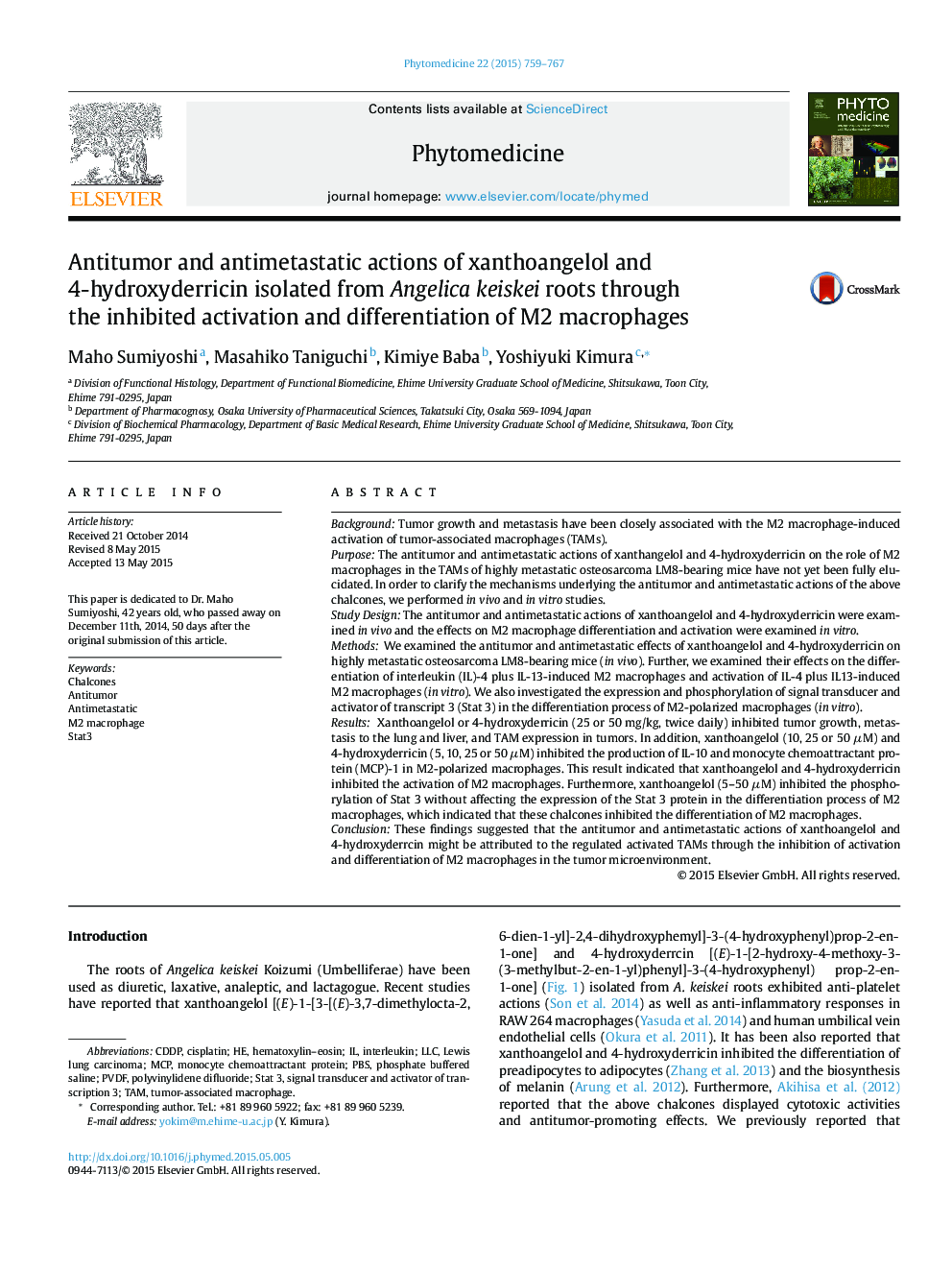 Antitumor and antimetastatic actions of xanthoangelol and 4-hydroxyderricin isolated from Angelica keiskei roots through the inhibited activation and differentiation of M2 macrophages