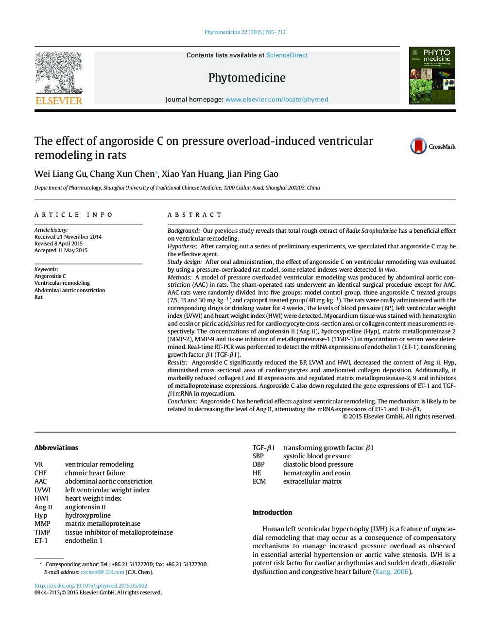 The effect of angoroside C on pressure overload-induced ventricular remodeling in rats