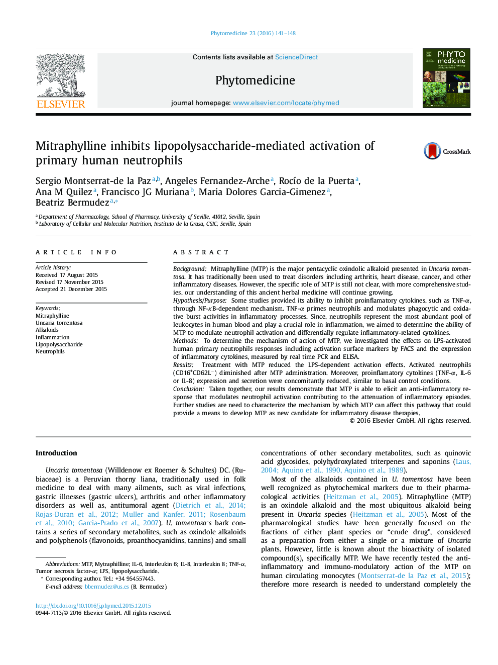 Mitraphylline inhibits lipopolysaccharide-mediated activation of primary human neutrophils