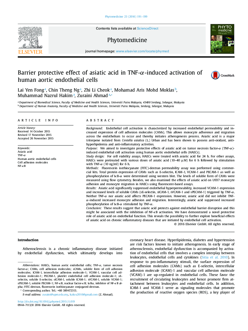 Barrier protective effect of asiatic acid in TNF-α-induced activation of human aortic endothelial cells