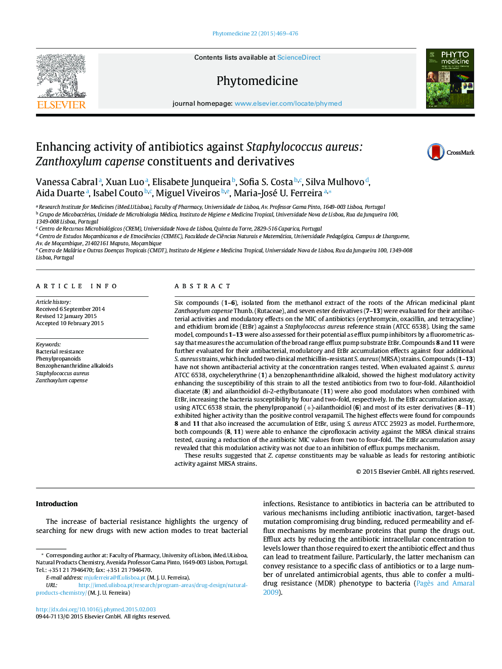 Enhancing activity of antibiotics against Staphylococcus aureus: Zanthoxylum capense constituents and derivatives