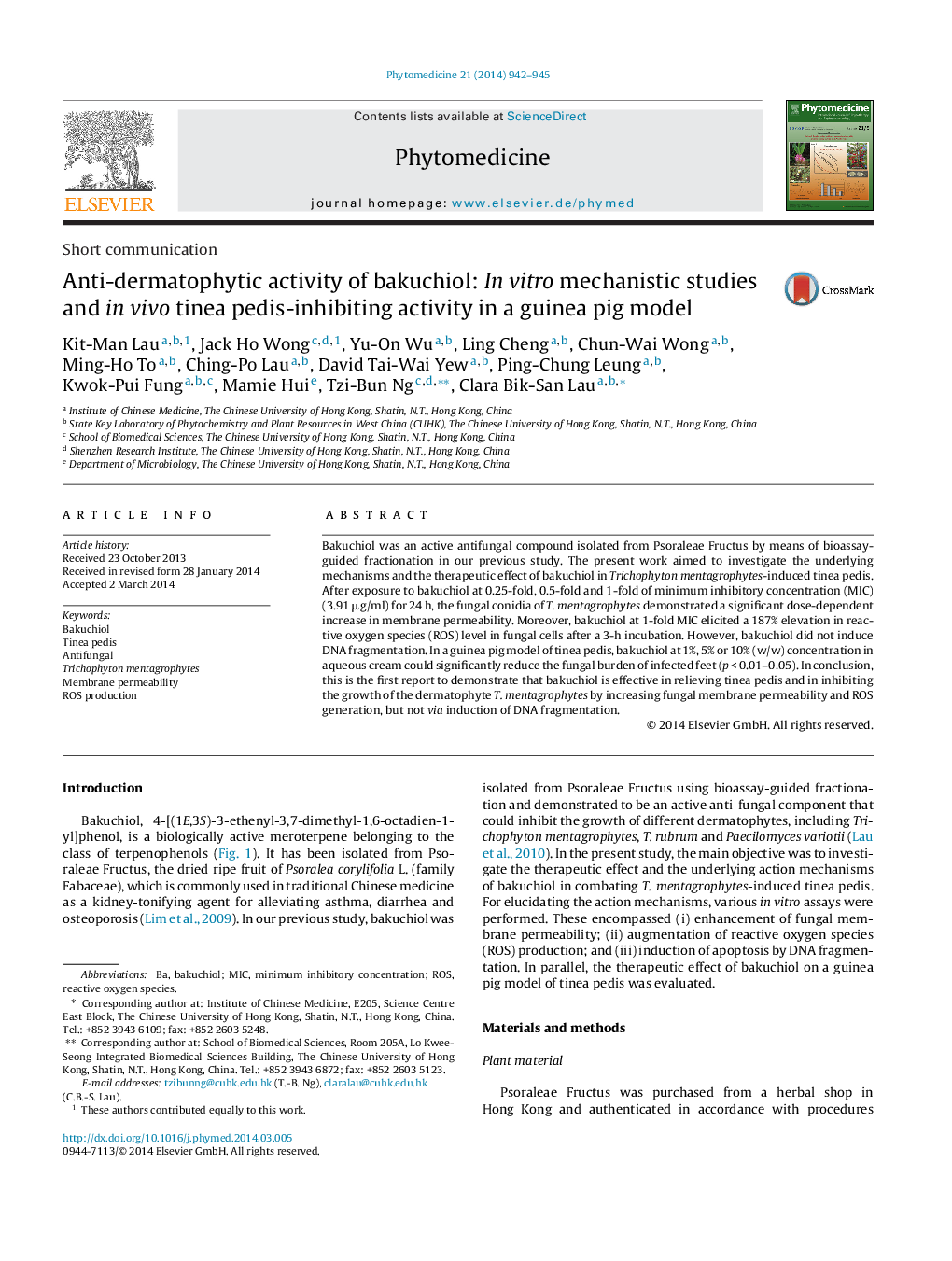 Anti-dermatophytic activity of bakuchiol: In vitro mechanistic studies and in vivo tinea pedis-inhibiting activity in a guinea pig model