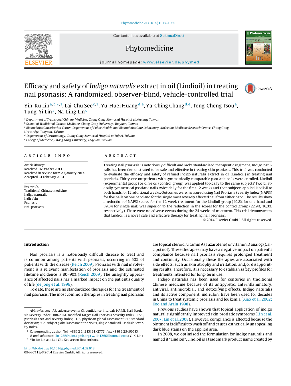 Efficacy and safety of Indigo naturalis extract in oil (Lindioil) in treating nail psoriasis: A randomized, observer-blind, vehicle-controlled trial