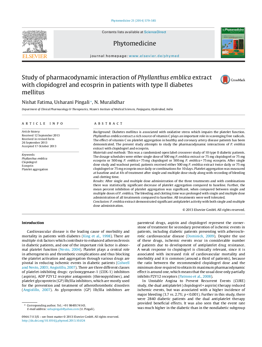 Study of pharmacodynamic interaction of Phyllanthus emblica extract with clopidogrel and ecosprin in patients with type II diabetes mellitus