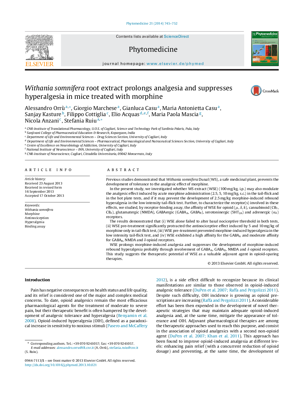 Withania somnifera root extract prolongs analgesia and suppresses hyperalgesia in mice treated with morphine