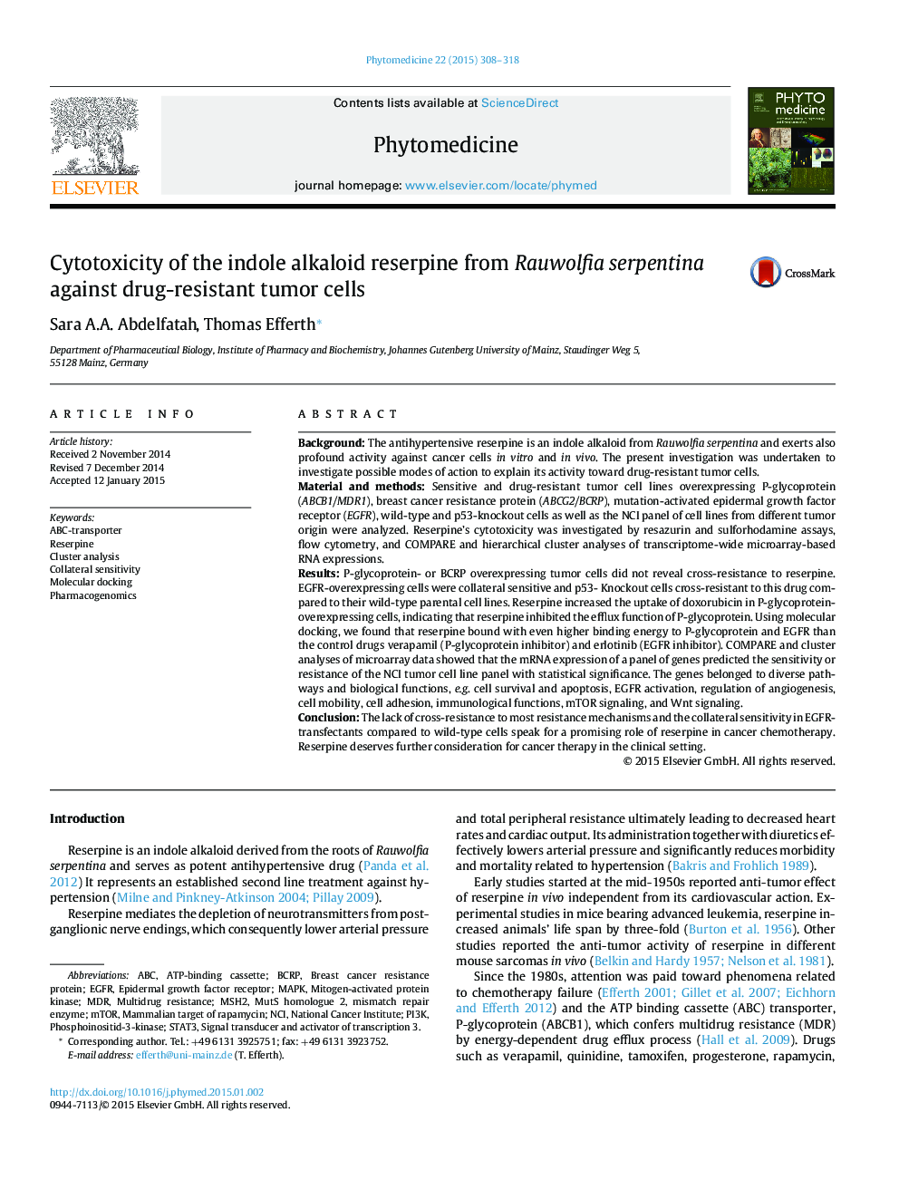 Cytotoxicity of the indole alkaloid reserpine from Rauwolfia serpentina against drug-resistant tumor cells