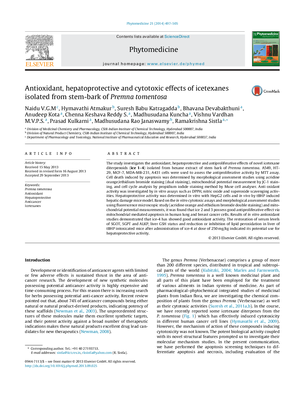 Antioxidant, hepatoprotective and cytotoxic effects of icetexanes isolated from stem-bark of Premna tomentosa