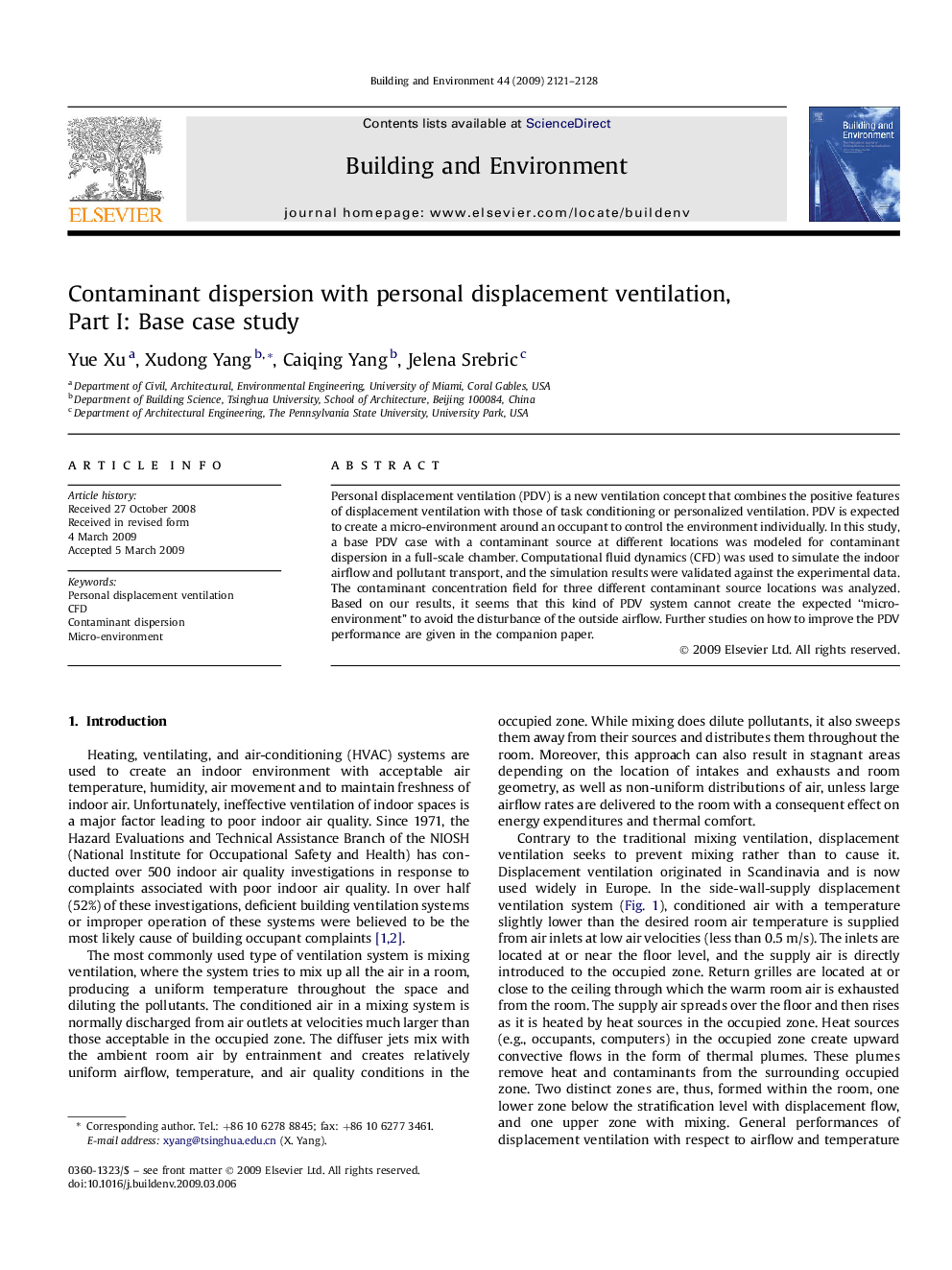 Contaminant dispersion with personal displacement ventilation, Part I: Base case study