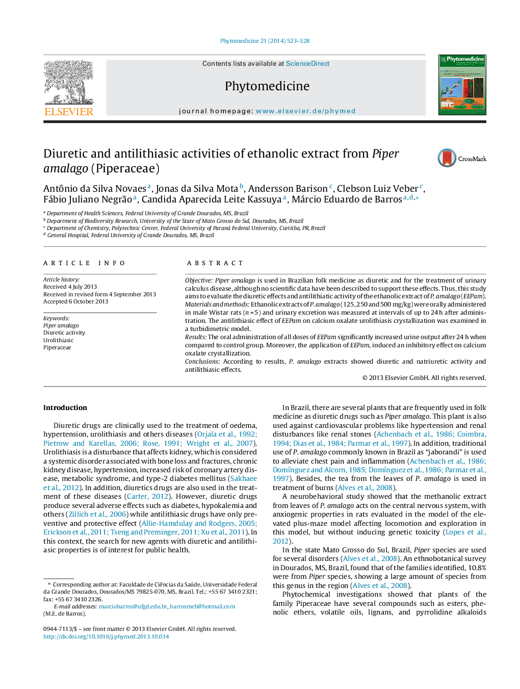 Diuretic and antilithiasic activities of ethanolic extract from Piper amalago (Piperaceae)