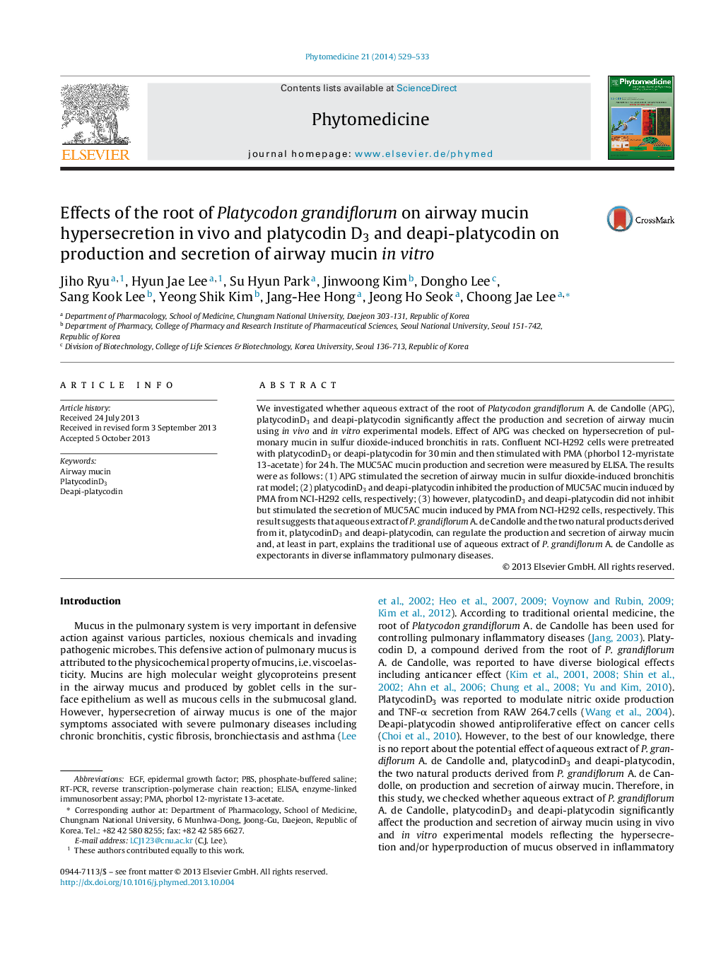 Effects of the root of Platycodon grandiflorum on airway mucin hypersecretion in vivo and platycodin D3 and deapi-platycodin on production and secretion of airway mucin in vitro