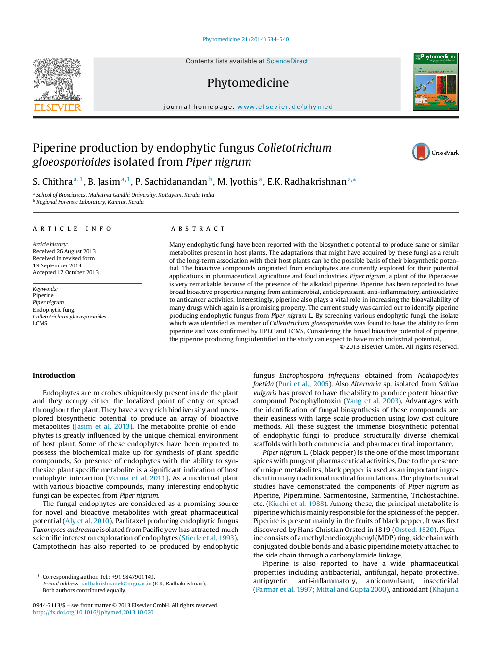 Piperine production by endophytic fungus Colletotrichum gloeosporioides isolated from Piper nigrum