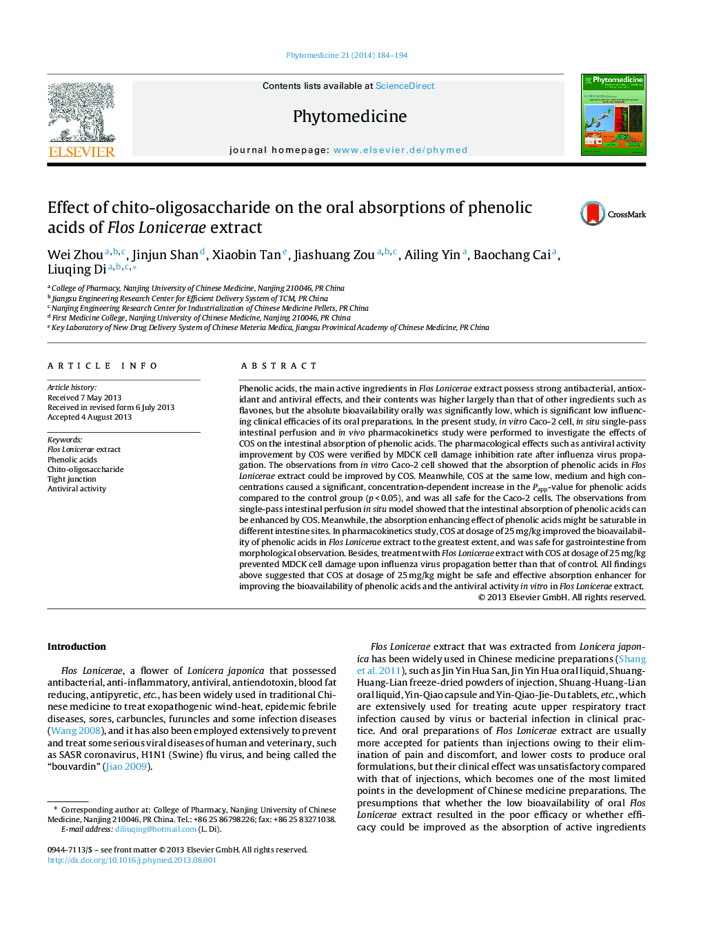 Effect of chito-oligosaccharide on the oral absorptions of phenolic acids of Flos Lonicerae extract