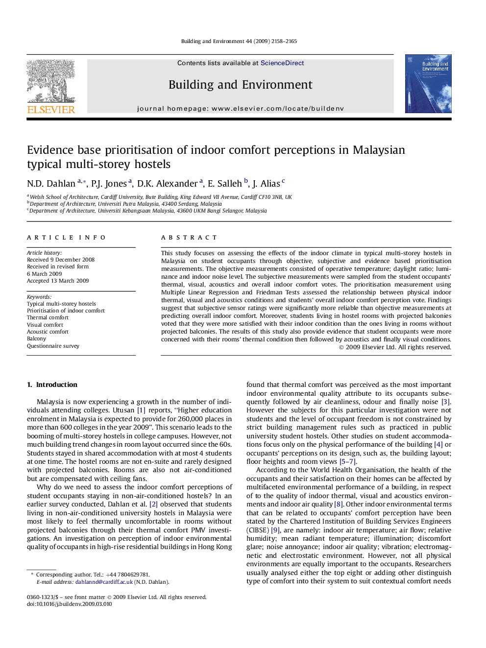 Evidence base prioritisation of indoor comfort perceptions in Malaysian typical multi-storey hostels