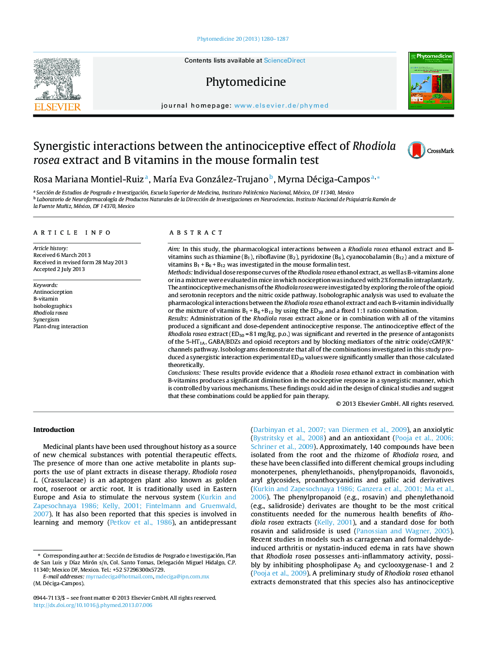 Synergistic interactions between the antinociceptive effect of Rhodiola rosea extract and B vitamins in the mouse formalin test