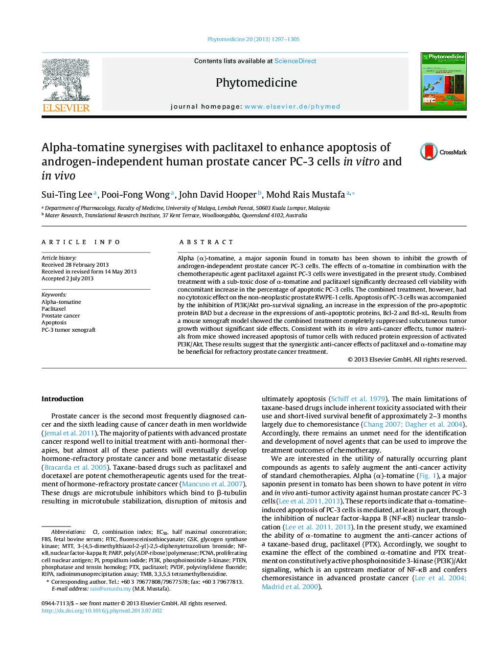 Alpha-tomatine synergises with paclitaxel to enhance apoptosis of androgen-independent human prostate cancer PC-3 cells in vitro and in vivo