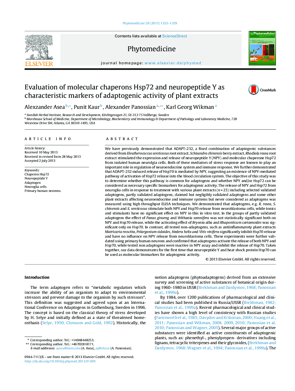 Evaluation of molecular chaperons Hsp72 and neuropeptide Y as characteristic markers of adaptogenic activity of plant extracts