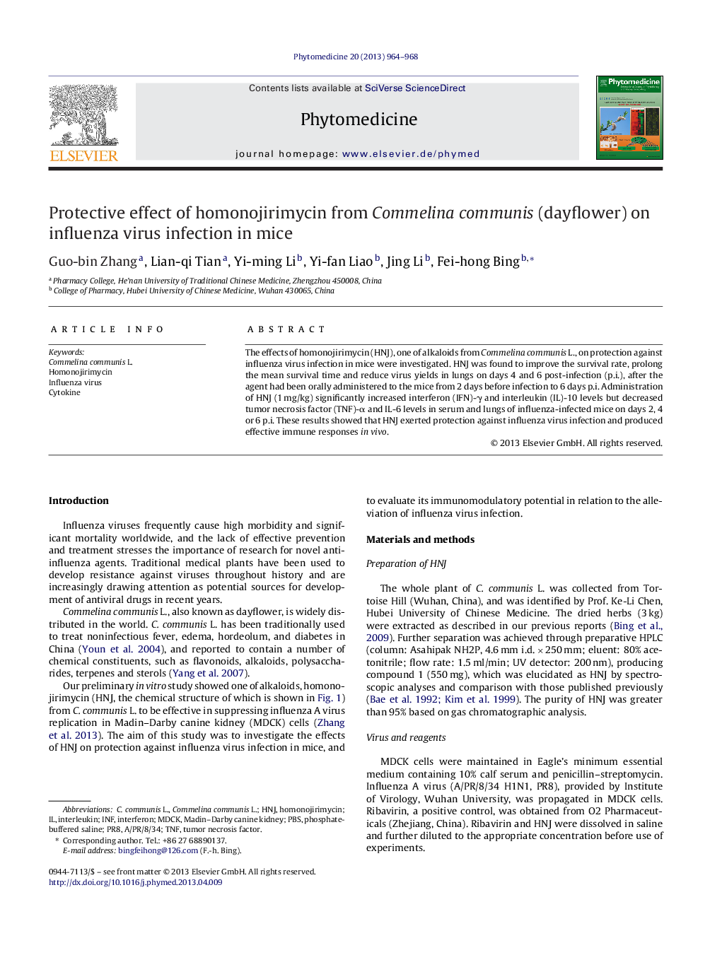 Protective effect of homonojirimycin from Commelina communis (dayflower) on influenza virus infection in mice