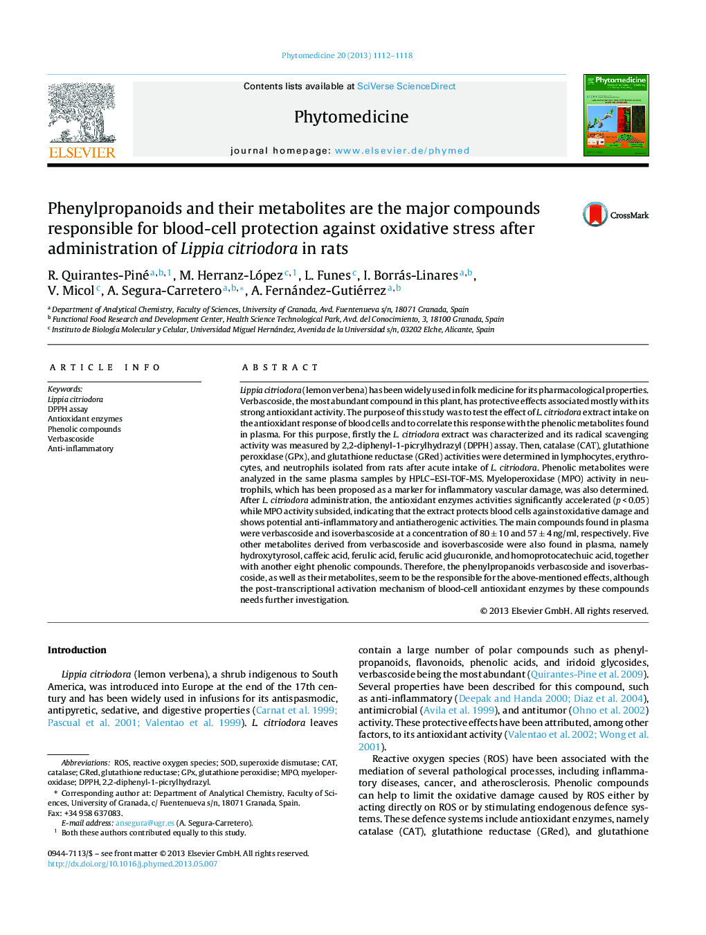Phenylpropanoids and their metabolites are the major compounds responsible for blood-cell protection against oxidative stress after administration of Lippia citriodora in rats