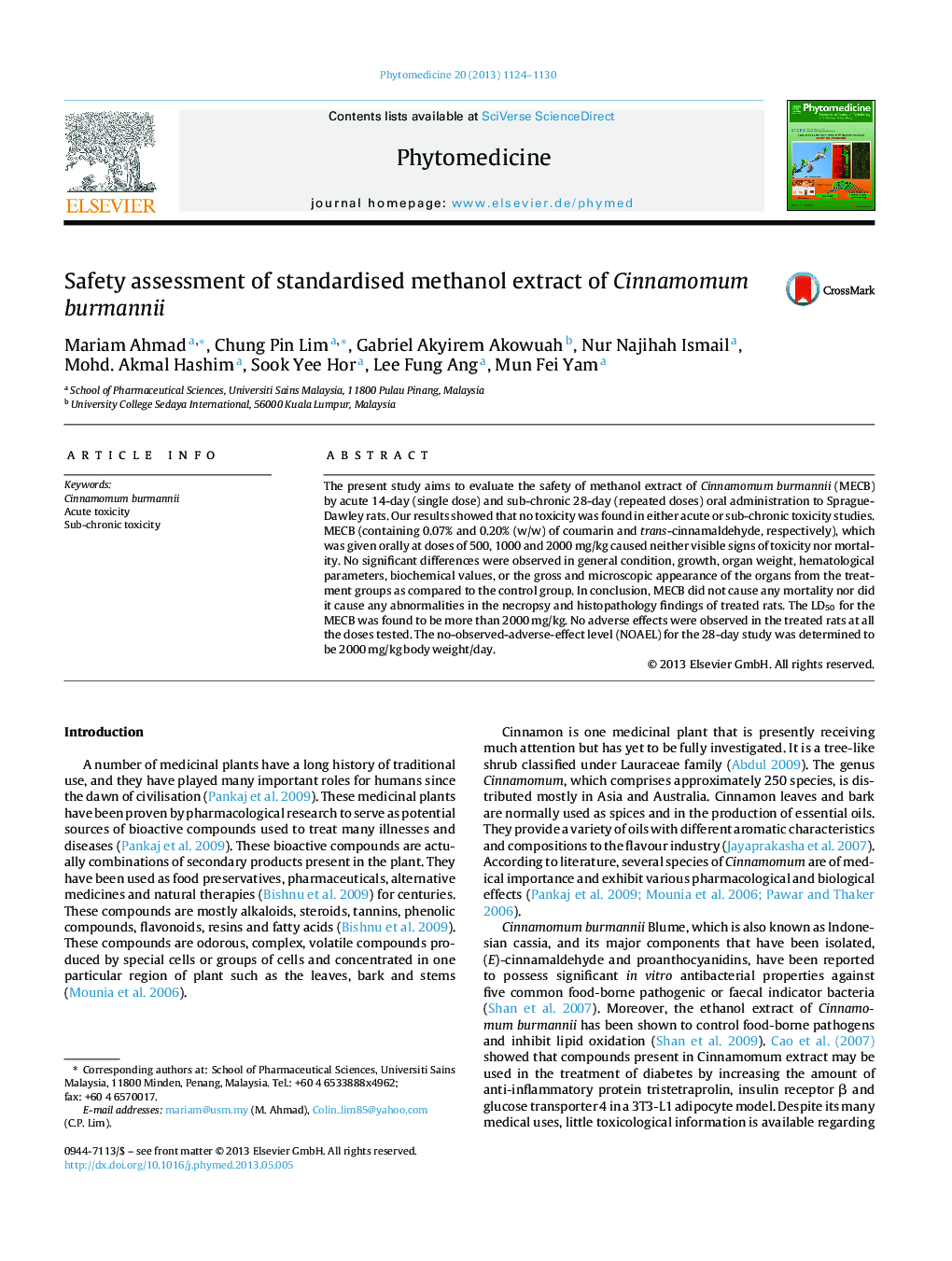 Safety assessment of standardised methanol extract of Cinnamomum burmannii