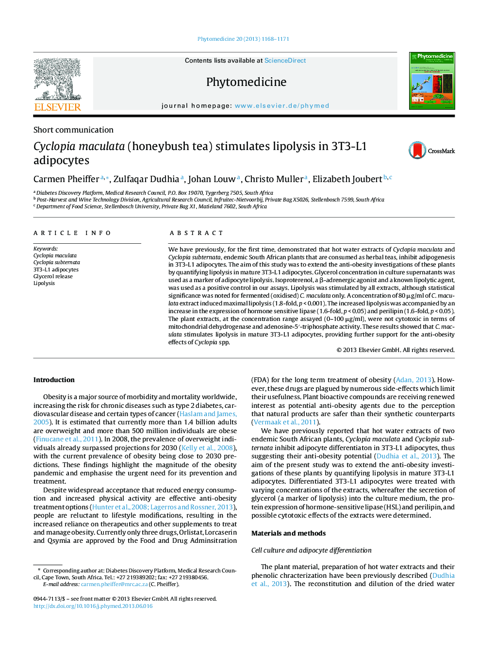 Cyclopia maculata (honeybush tea) stimulates lipolysis in 3T3-L1 adipocytes