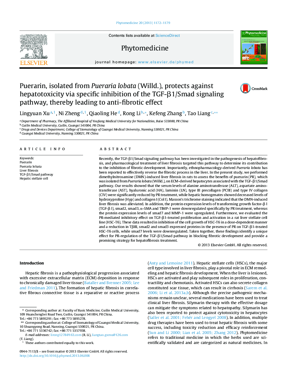 عکس صفحه اول مقاله: Puerarin, isolated from Pueraria lobata (Willd.), protects against hepatotoxicity via specific inhibition of the TGF-β1/Smad signaling pathway, thereby leading to anti-fibrotic effect Puerarin, isolated from Pueraria lobata (Willd.), protects against hepatotoxicity via specific inhibition of the TGF-β1/Smad signaling pathway, thereby leading to anti-fibrotic effect