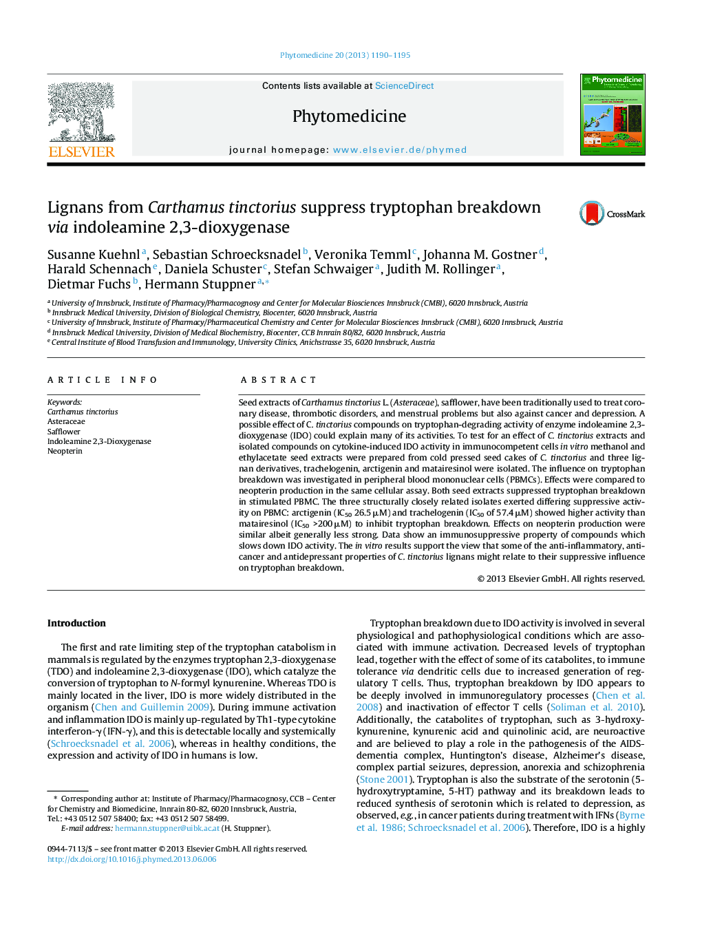 Lignans from Carthamus tinctorius suppress tryptophan breakdown via indoleamine 2,3-dioxygenase