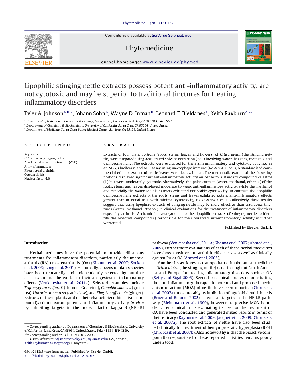 Lipophilic stinging nettle extracts possess potent anti-inflammatory activity, are not cytotoxic and may be superior to traditional tinctures for treating inflammatory disorders