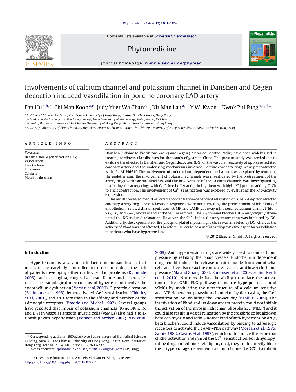 Involvements of calcium channel and potassium channel in Danshen and Gegen decoction induced vasodilation in porcine coronary LAD artery