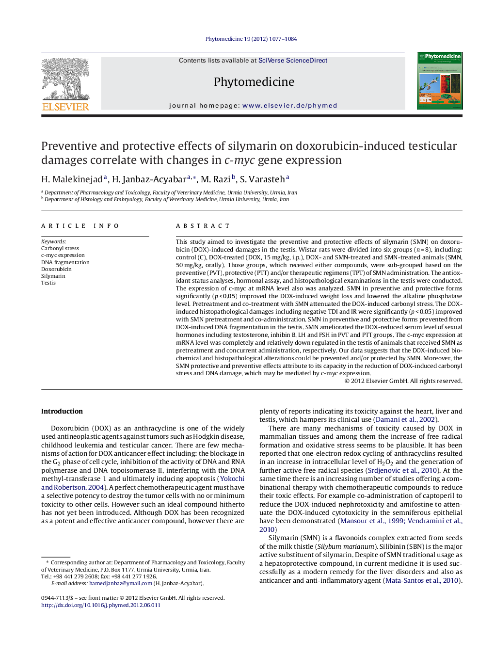 Preventive and protective effects of silymarin on doxorubicin-induced testicular damages correlate with changes in c-myc gene expression