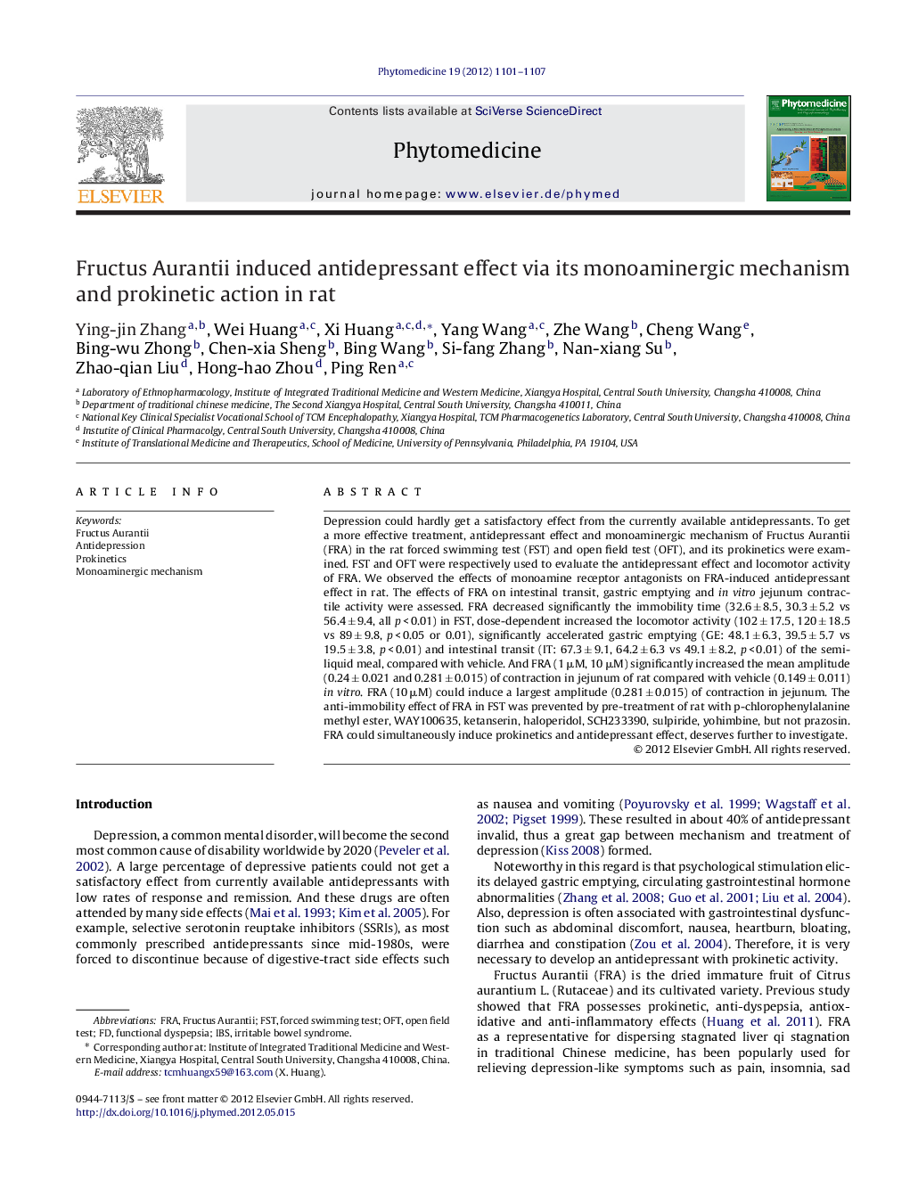 Fructus Aurantii induced antidepressant effect via its monoaminergic mechanism and prokinetic action in rat