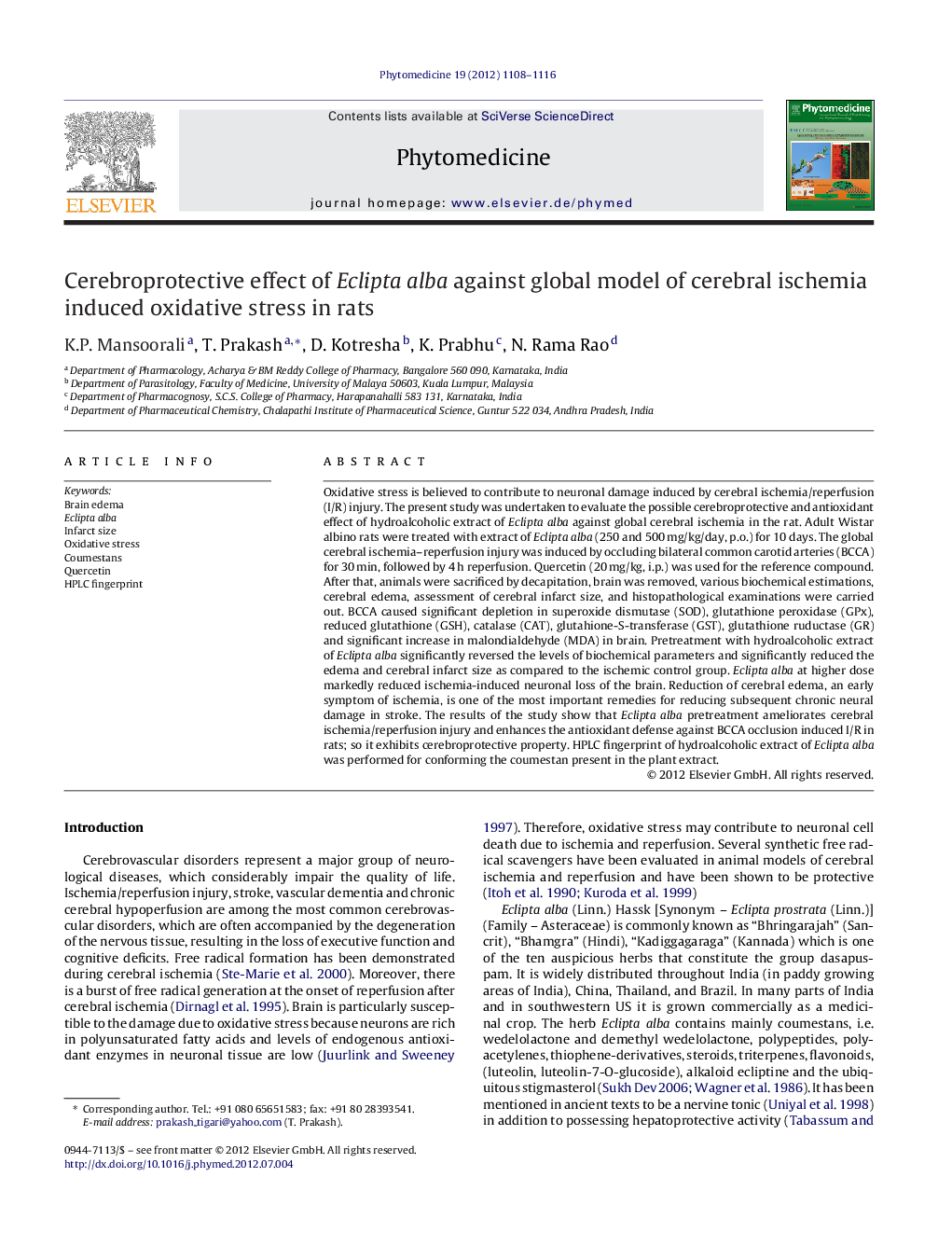 Cerebroprotective effect of Eclipta alba against global model of cerebral ischemia induced oxidative stress in rats