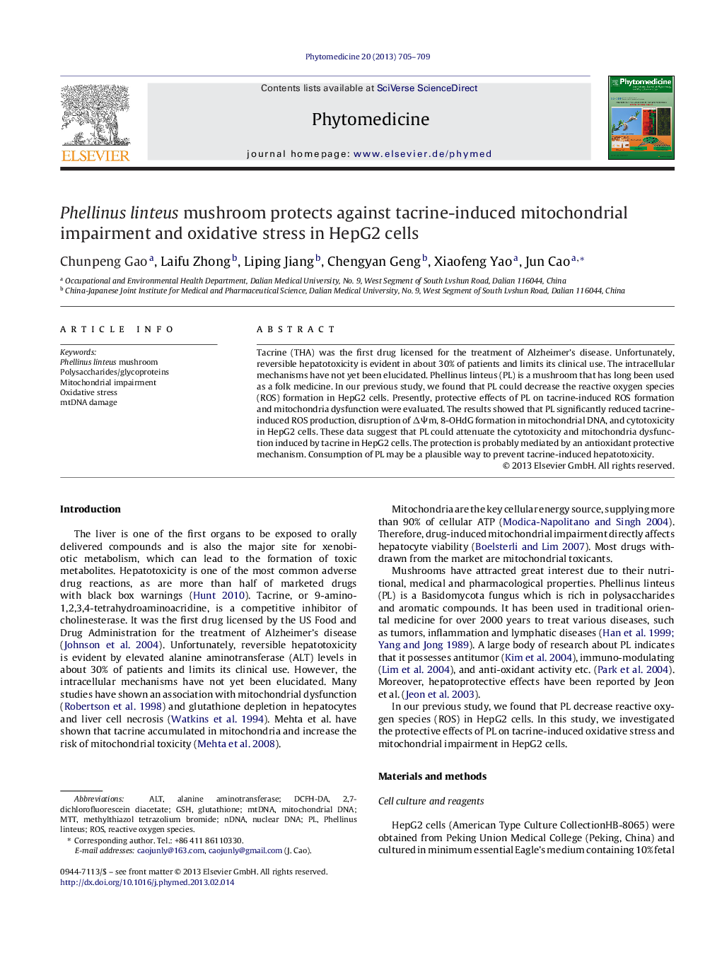 Phellinus linteus mushroom protects against tacrine-induced mitochondrial impairment and oxidative stress in HepG2 cells