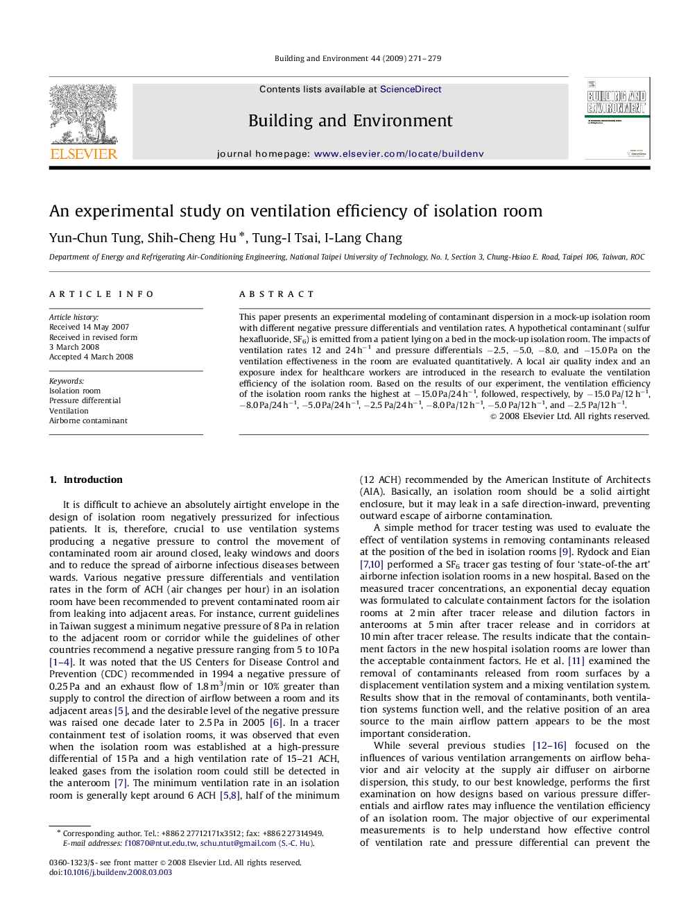 An experimental study on ventilation efficiency of isolation room