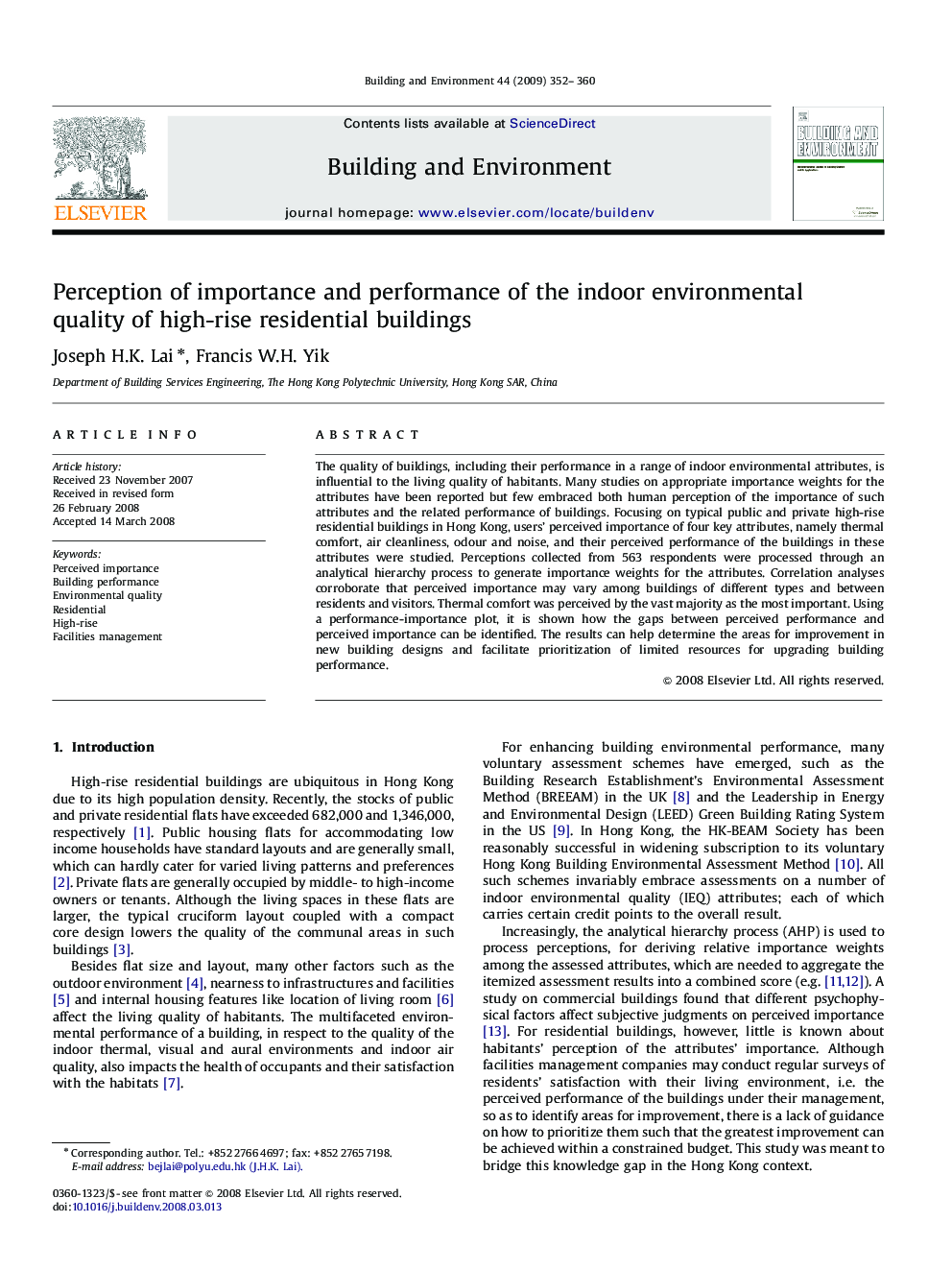 Perception of importance and performance of the indoor environmental quality of high-rise residential buildings