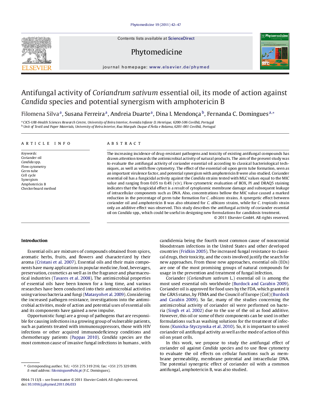 Antifungal activity of Coriandrum sativum essential oil, its mode of action against Candida species and potential synergism with amphotericin B