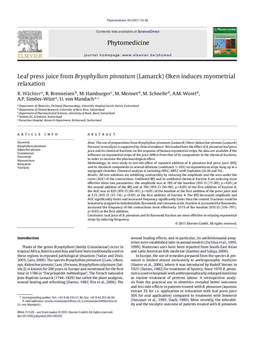 Leaf press juice from Bryophyllum pinnatum (Lamarck) Oken induces myometrial relaxation