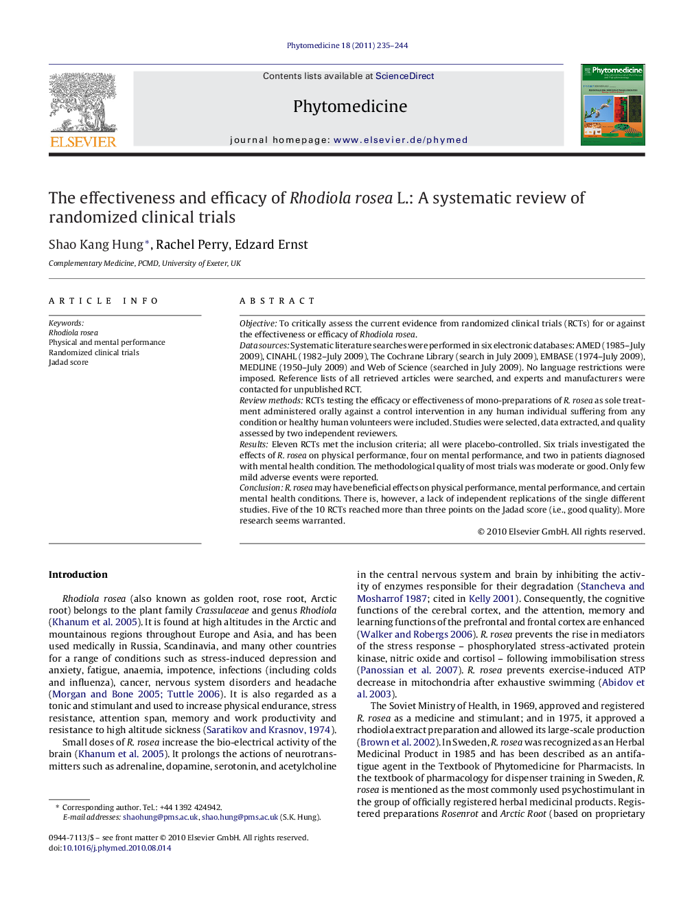 The effectiveness and efficacy of Rhodiola rosea L.: A systematic review of randomized clinical trials