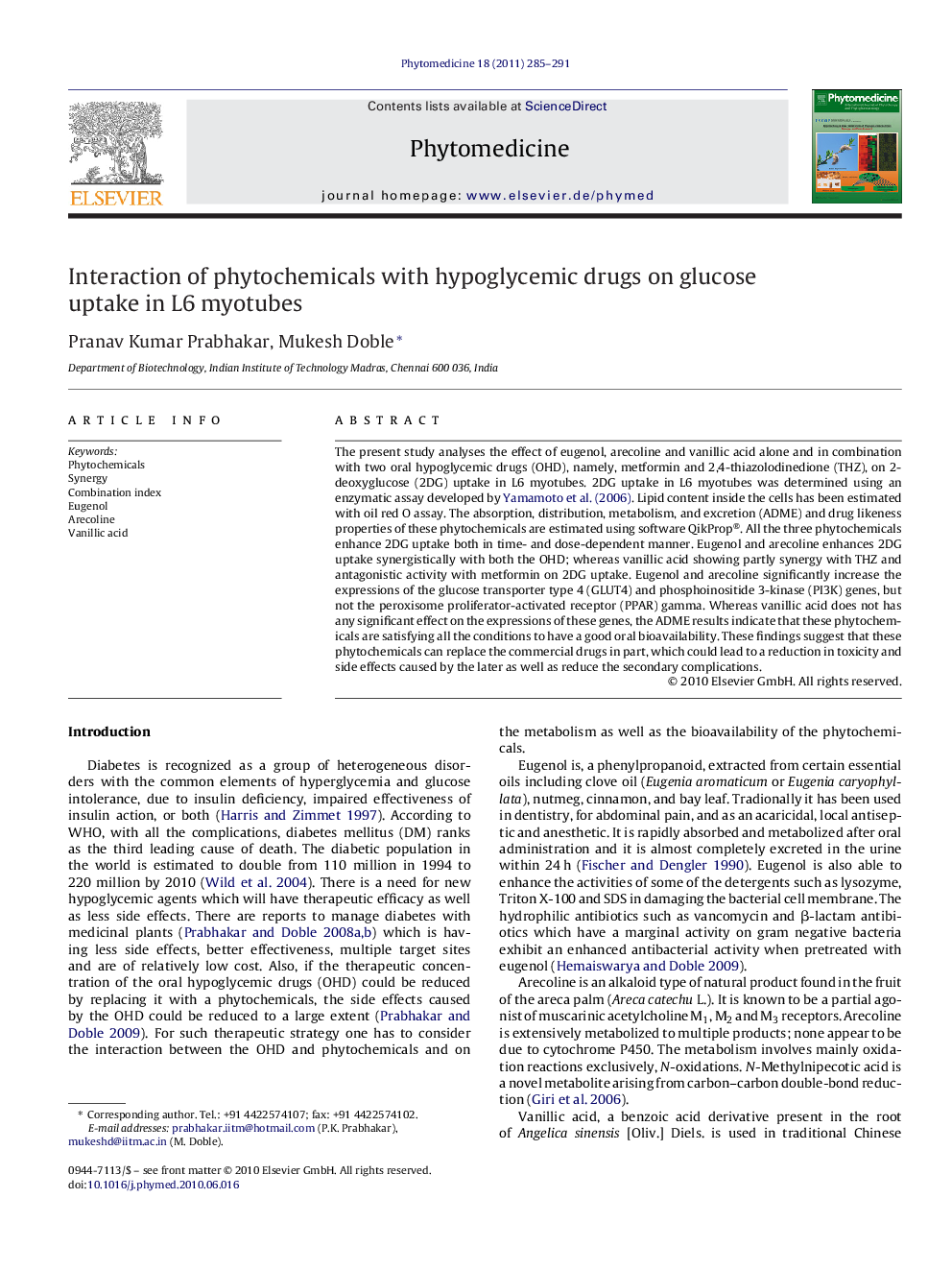 Interaction of phytochemicals with hypoglycemic drugs on glucose uptake in L6 myotubes