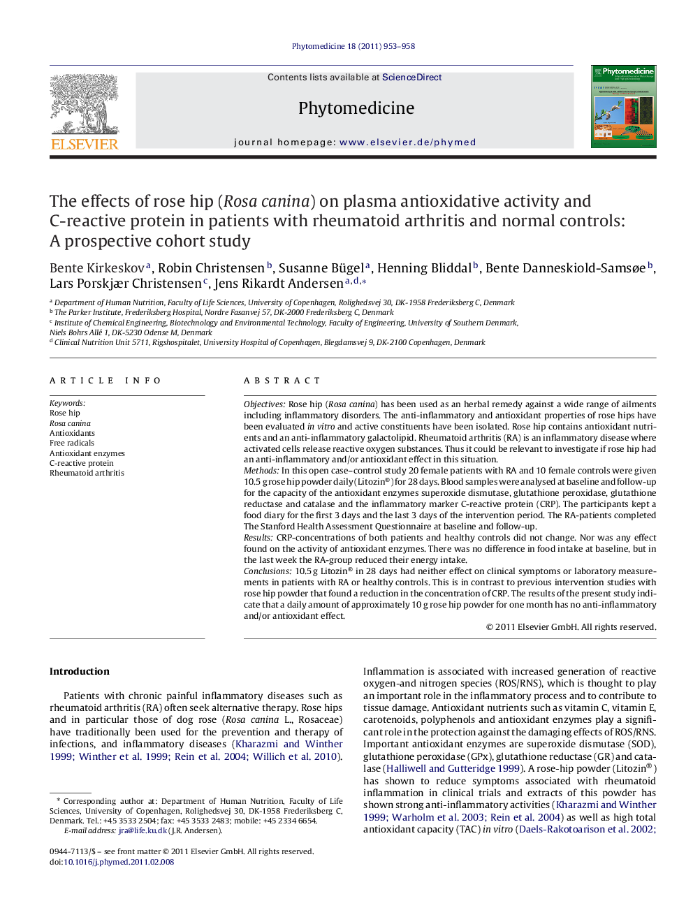 The effects of rose hip (Rosa canina) on plasma antioxidative activity and C-reactive protein in patients with rheumatoid arthritis and normal controls: A prospective cohort study