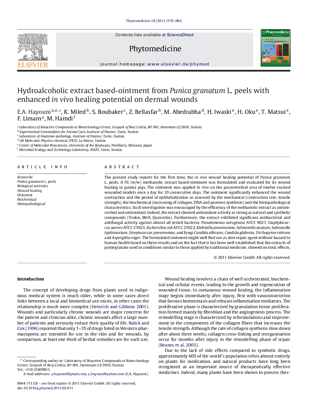 Hydroalcoholic extract based-ointment from Punica granatum L. peels with enhanced in vivo healing potential on dermal wounds