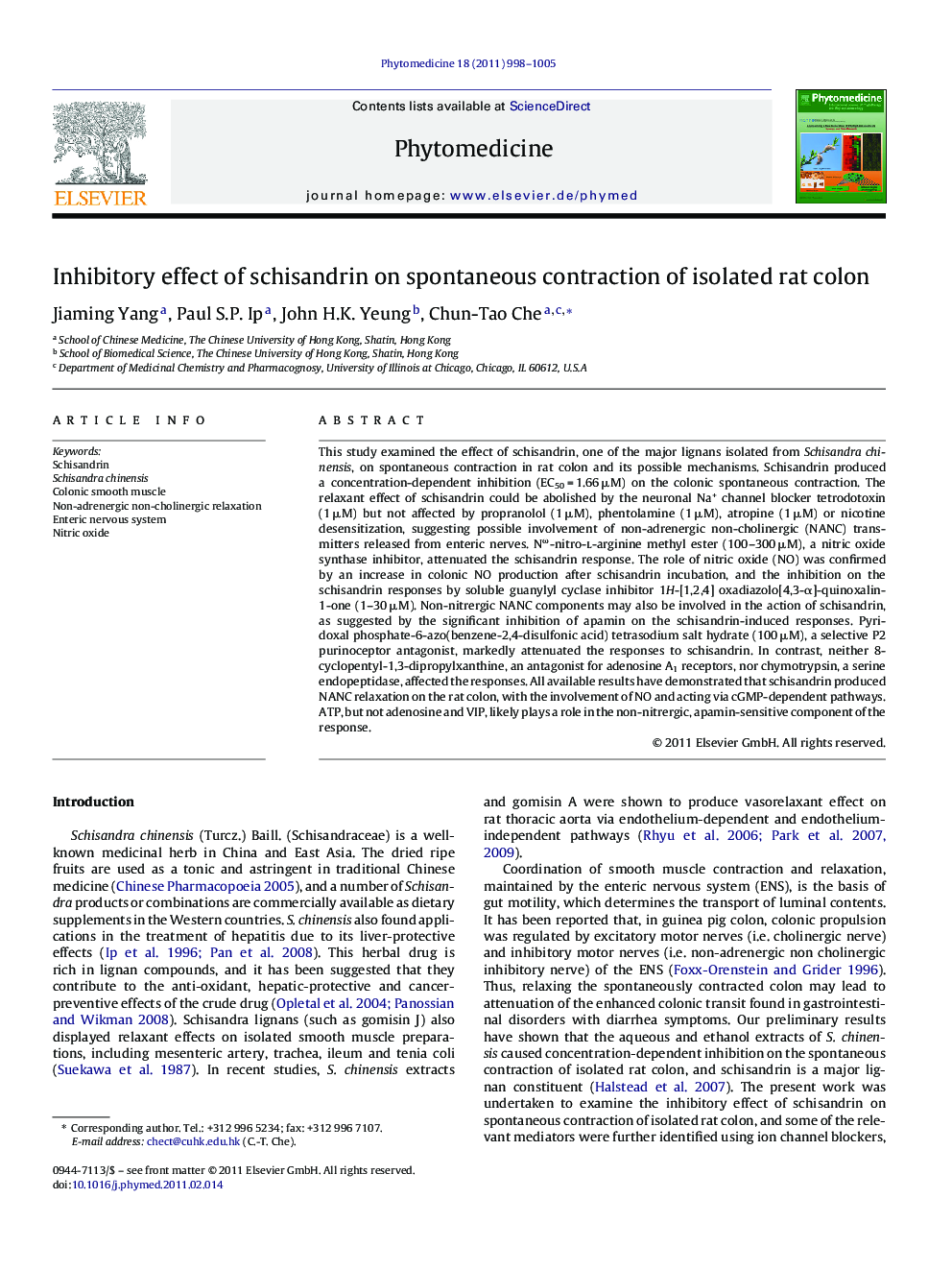 Inhibitory effect of schisandrin on spontaneous contraction of isolated rat colon